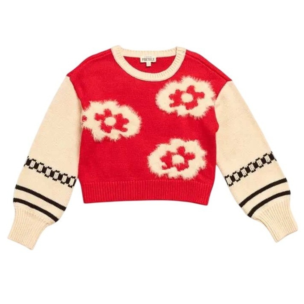 Finding Foxtale Red Floral Fuzzy Knit Sweater Cream Balloon Sleeve Girls Size 10